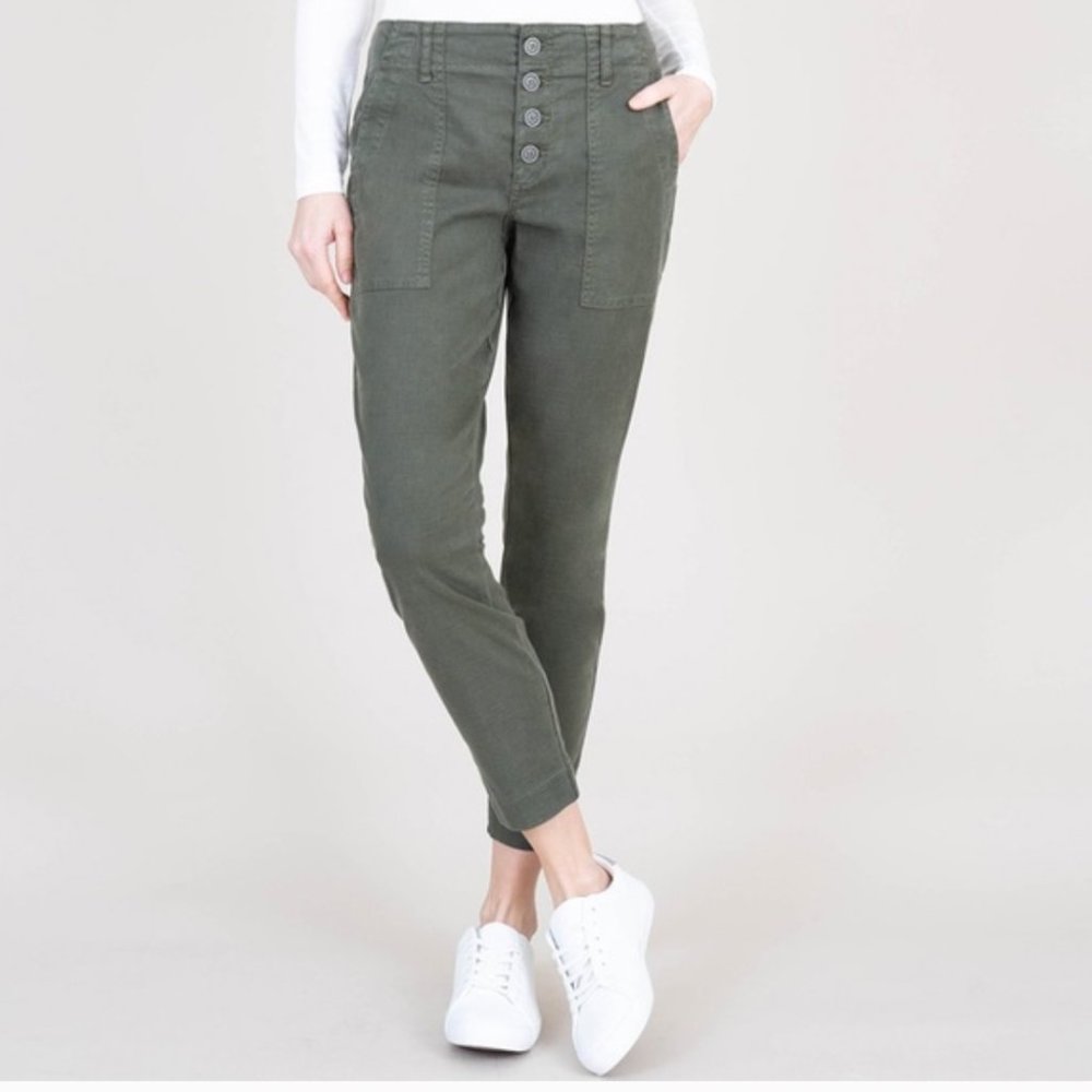 LEVEL 99 EXPOSED BUTTON FLY UTILITY PANT IN WOODLAND GREEN SIZE 30